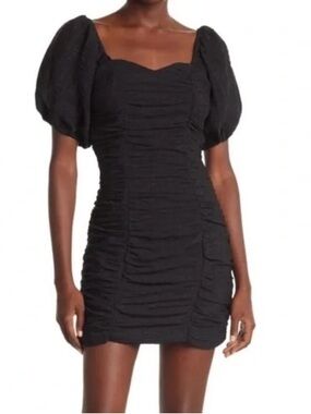 Bar Black Ruched Puff-Sleeve Mini Dress nwt s